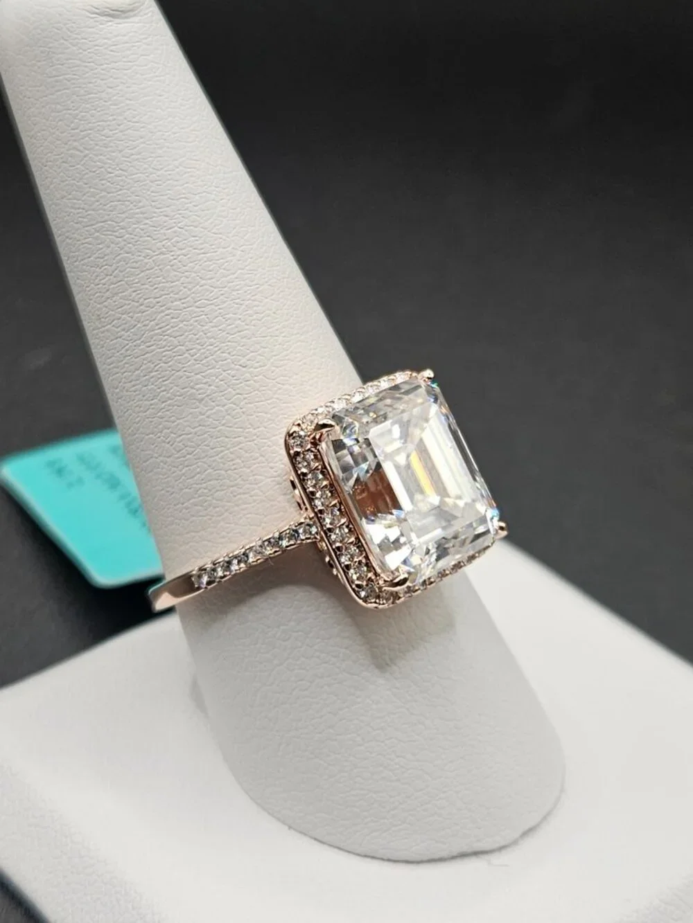 925 sterling silver moissanite 14k rose gold emerald cut halo ring sz 9 12.21ct